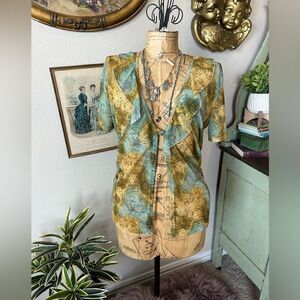 Angela USA Y2K Tan Blue Gold Floral Scroll Ruffle Open Front Button Blouse Sz M